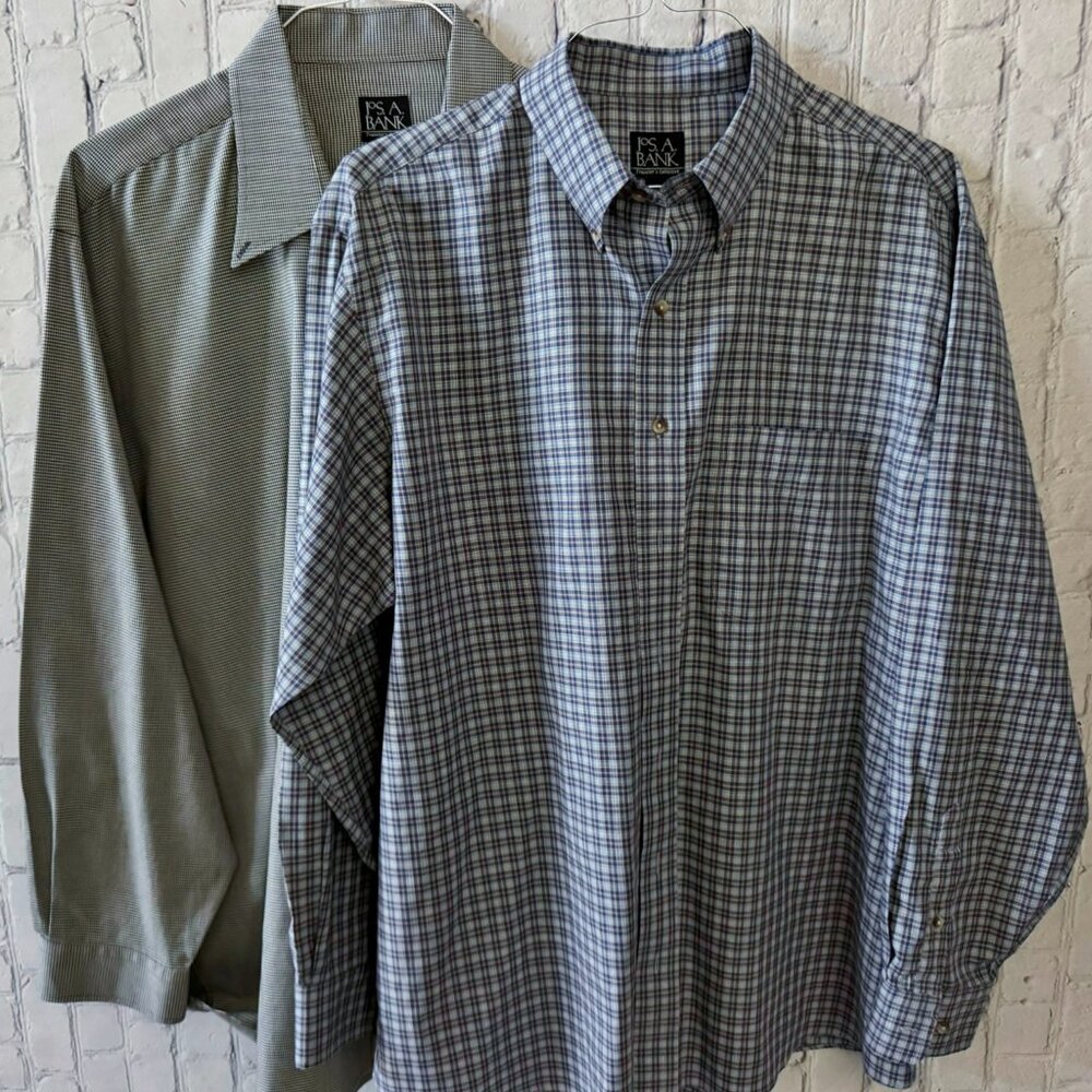 Lot of 2 Jos A Bank Mens Black Plaid Traveler's Collection Cotton Dress Shirt XL